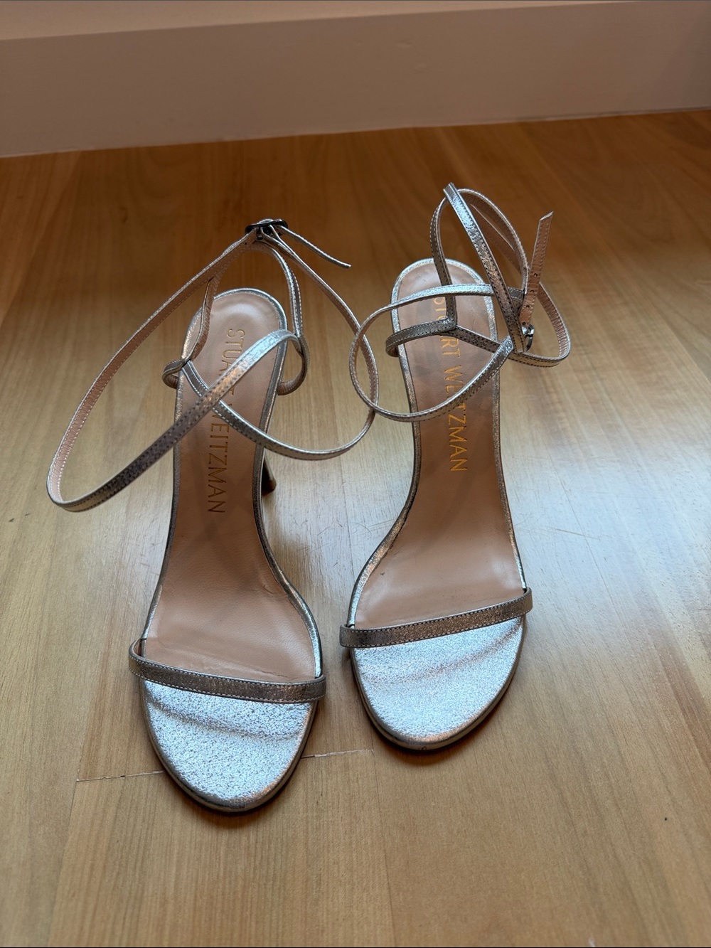 Stuart Weitzman Metallic Silver Strappy Heels